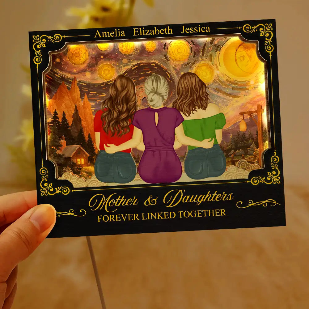 Gift For Mother, Dad - Daughters (Adult), Gift For Daughter, Love - Mother & Daughters Forever Linked Together - Personalized LED Light Wooden Plaque