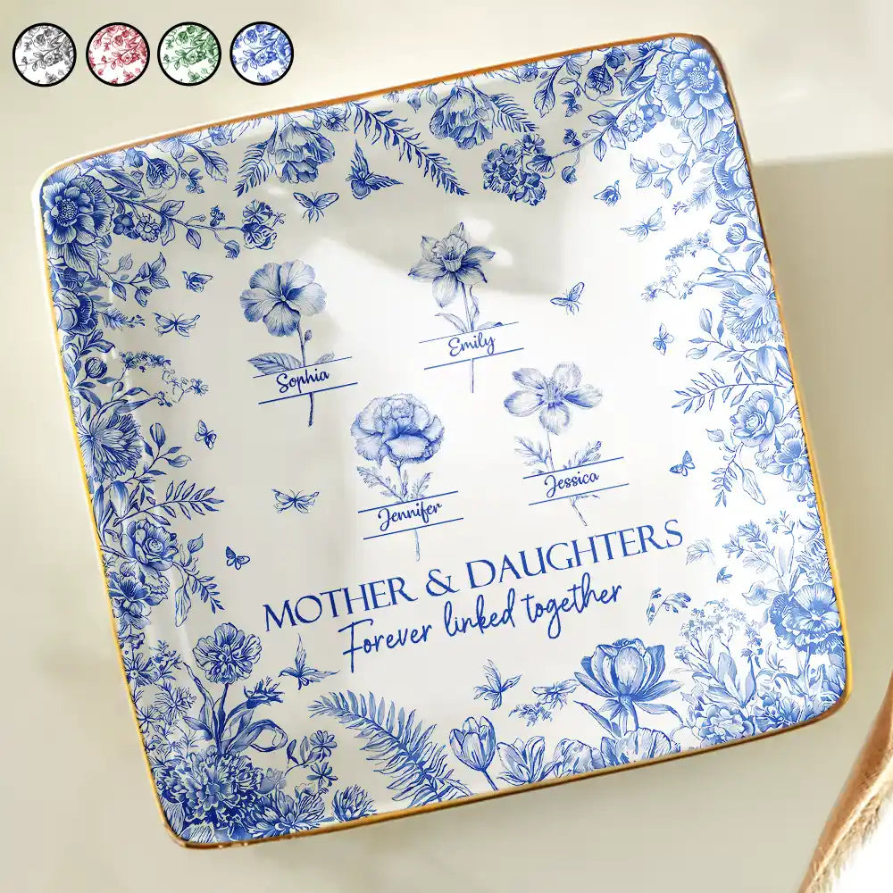 Gift For Mother, Mom - Daughters (Adult), Happy - Mother & Daughters Forever Linked Together Toile Birth Month Flower - Personalized Ring Dish