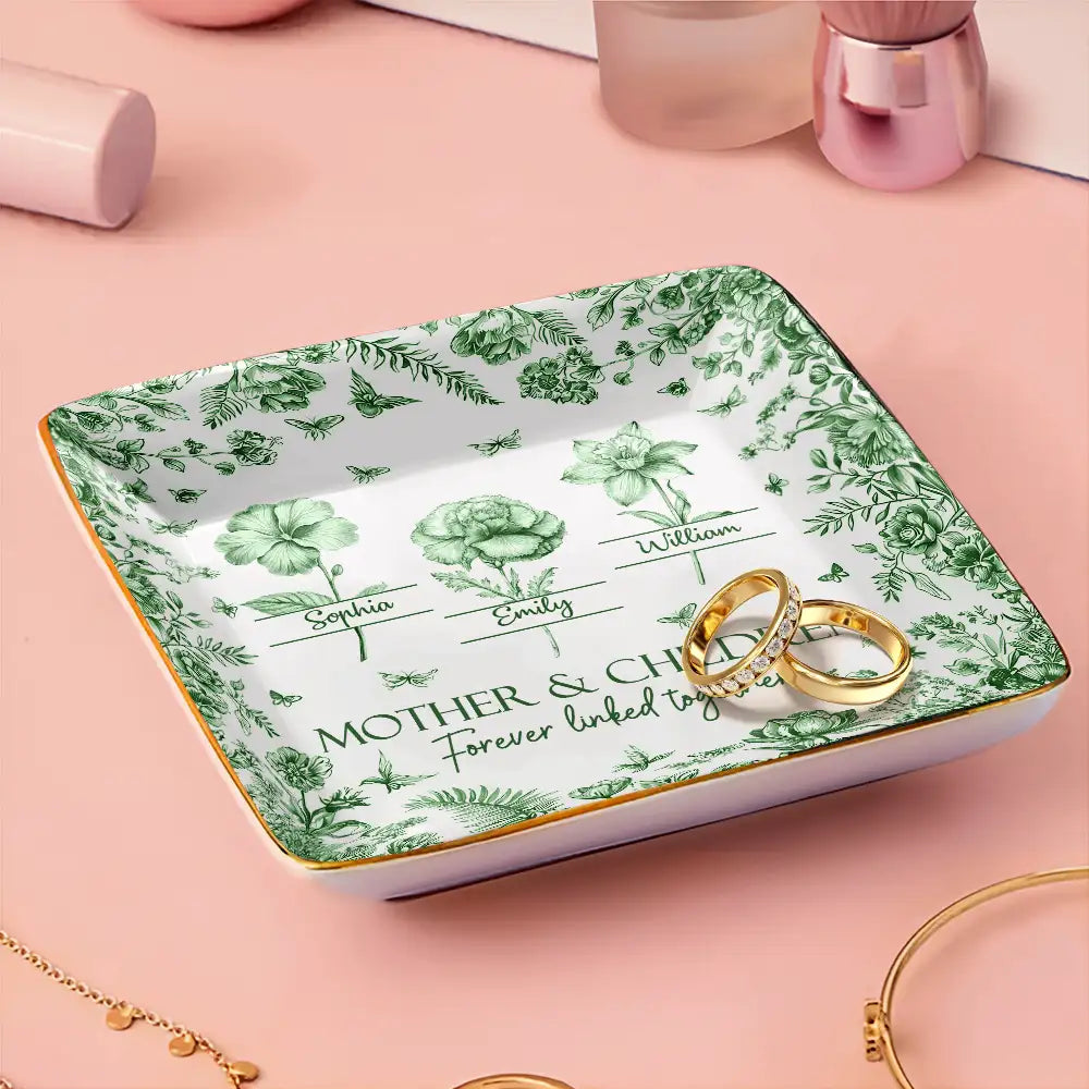Gift For Mother, Mom - Daughters (Adult), Happy - Mother & Daughters Forever Linked Together Toile Birth Month Flower - Personalized Ring Dish
