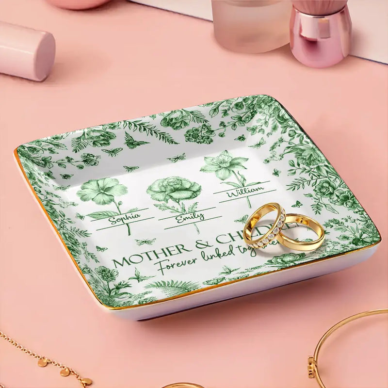 Gift For Mother, Mom - Daughters (Adult), Happy - Mother & Daughters Forever Linked Together Toile Birth Month Flower - Personalized Ring Dish