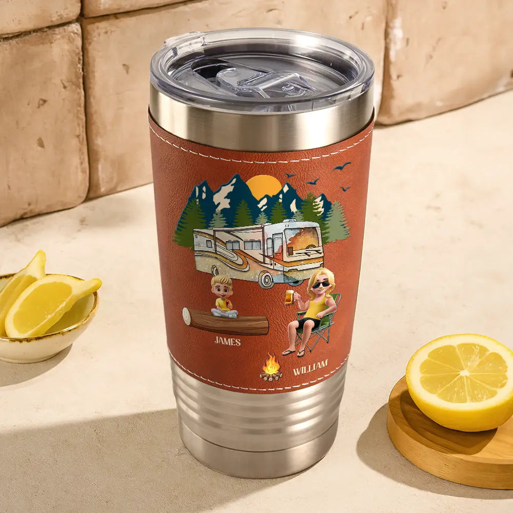 Gift For Men, Gift For Father, Dad's Hobby, Camping, Dad - Daughters (Young), Dad - Sons, Dad - Children, Happy - My Favorite Camping Buddies - Personalized Leather Tumbler