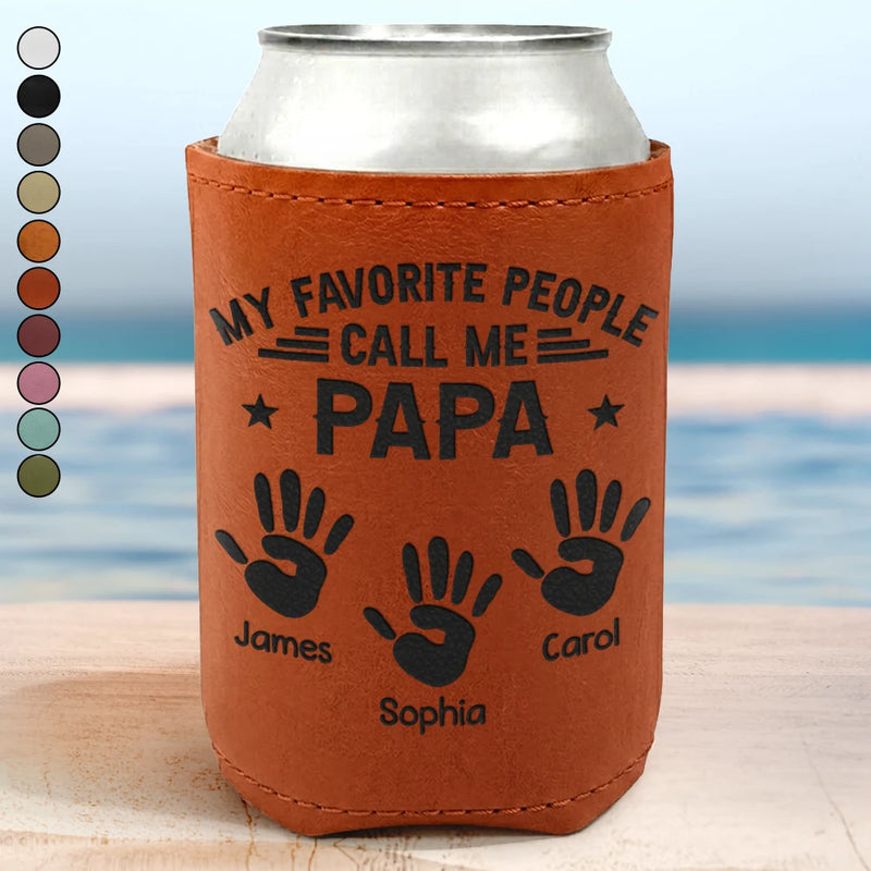 Gift For Grandpa,Top Market,Proud,Icon - My Favorite People Call Me Papa - Personalized Engraved Leather Can Cooler