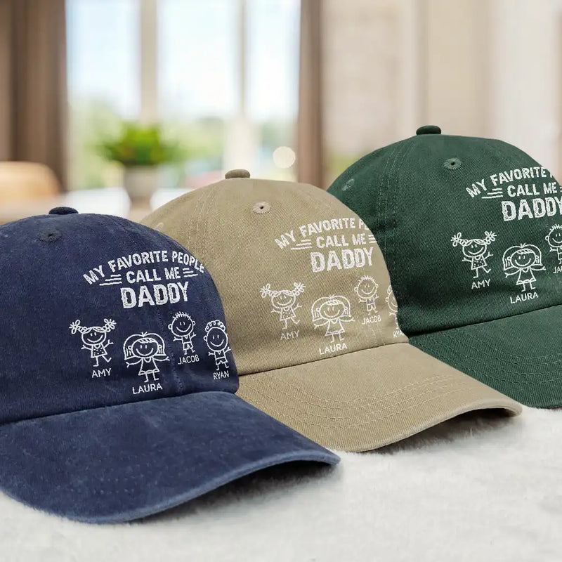 Gift For Grandpa, Gift For Grandparents, Gift For Father, Happy - My Favorite People Call Me Papa Kid Stick Figures - Personalized Vintage Washed Denim Cap