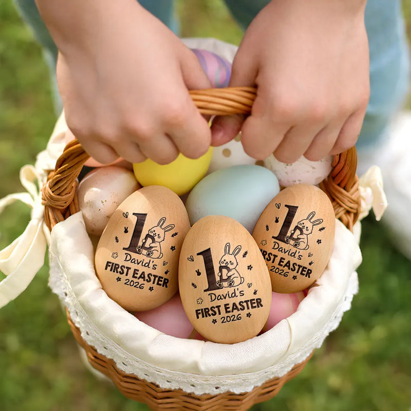 Easter,New baby,Dad - Sons,Gift For Son,Mom - Sons,Gift For Daughter,Dad - Daughters (Young),Mom - Daughters (Young),Gift For Kids,Gift For Grandkids,Happy - My First Easter Monogram - Personalized Musical Wooden Easter Egg Shaker
