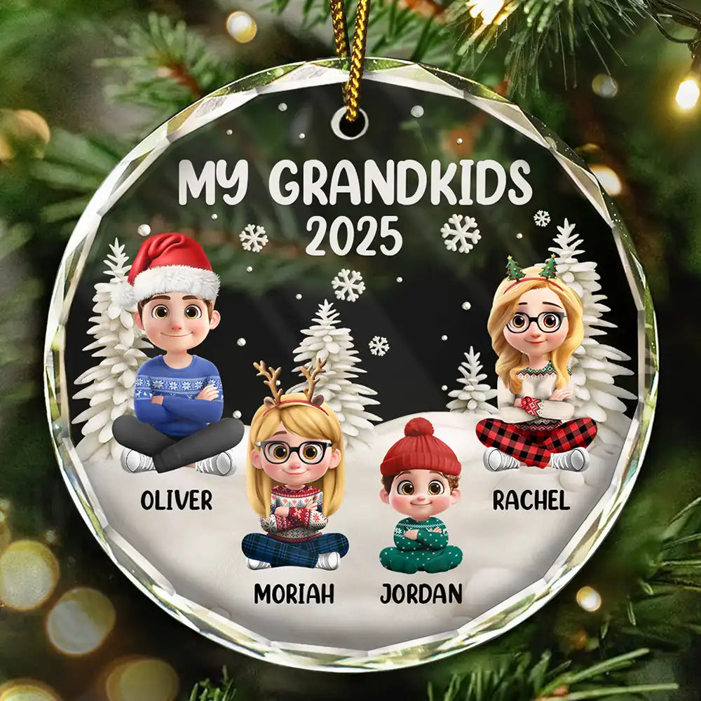 Happy,Christmas,Gift For Grandma,Gift For Grandparents,Gift For Grandpa,Parents - My Grandkids 3D Effect - Personalized Circle Glass Ornament