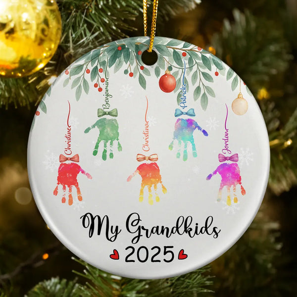 Gift For Grandpa,Gift For Grandma,Gift For Grandparents,Funny,Christmas - My Grandkids Handprints - Personalized Circle Ceramic Ornament