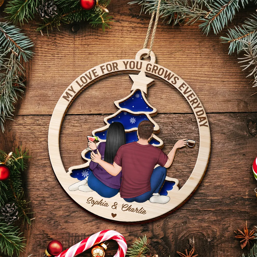 Christmas,Old Couples,Gift For Couples,Gift For Husband,Gift For Wife,Gift For Boyfriend,Gift For Girlfriend,Happy - My Love For You Grows Everyday - Personalized 2-Layered Wooden Ornament