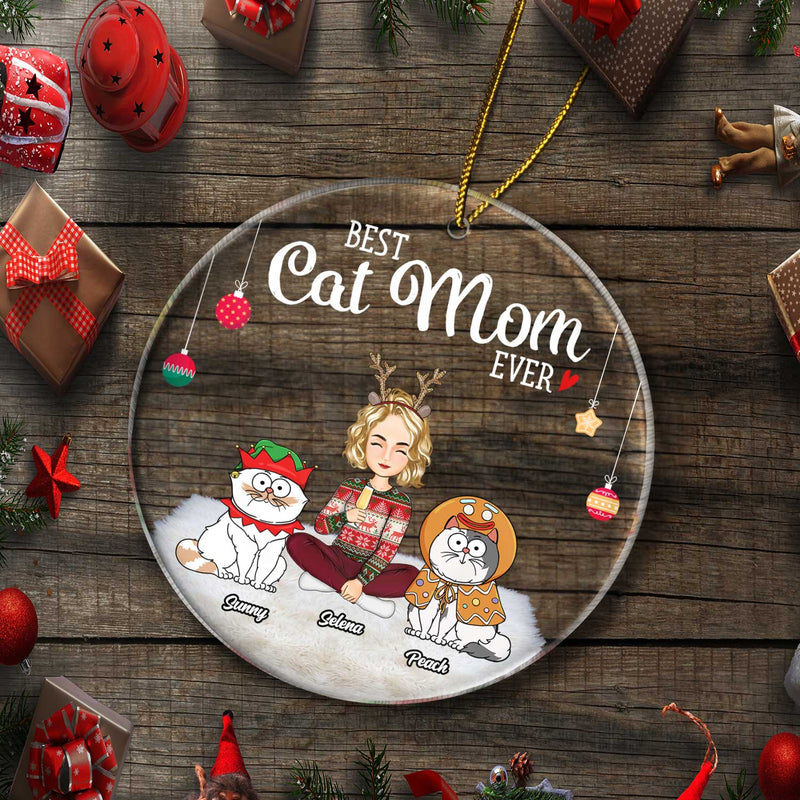 Best Cat Mom Ever Funny Cartoon Cats - Christmas Gift For Cat Lovers - Personalized Circle Acrylic Ornament