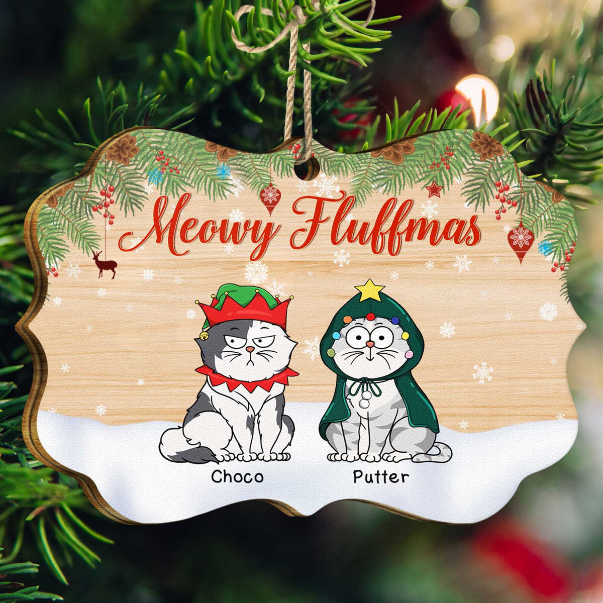 Meowy Fluffmas Funny Cartoon Cats - Christmas Gift For Cat Lovers - Personalized Medallion Wooden Ornament