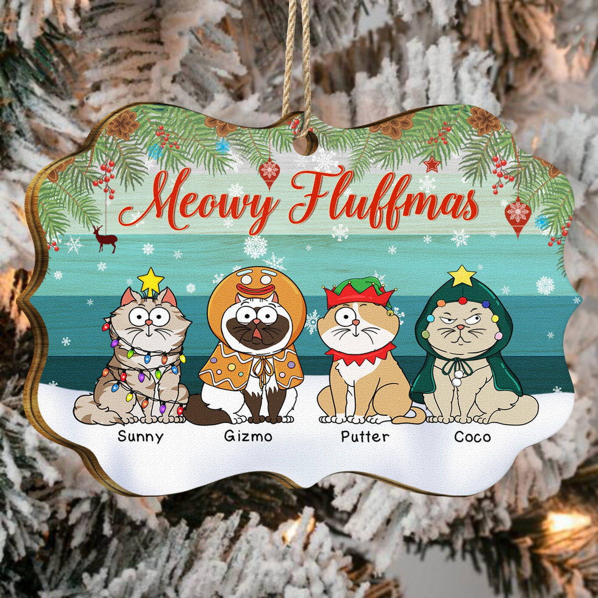 Meowy Fluffmas Funny Cartoon Cats - Christmas Gift For Cat Lovers - Personalized Medallion Wooden Ornament