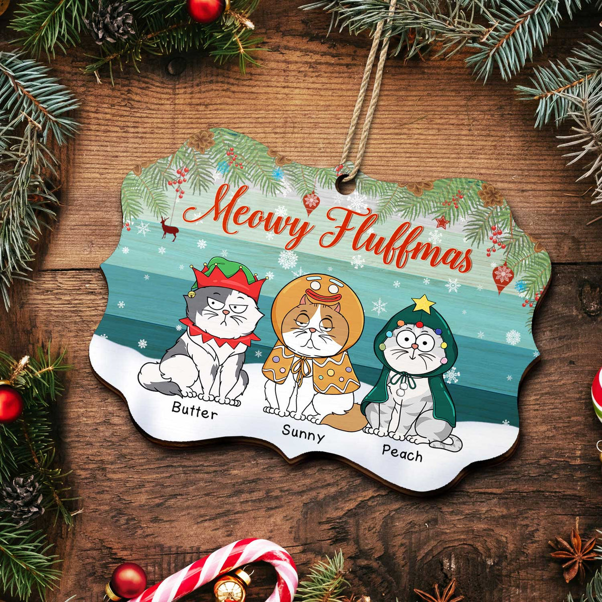 Meowy Fluffmas Funny Cartoon Cats - Christmas Gift For Cat Lovers - Personalized Medallion Wooden Ornament