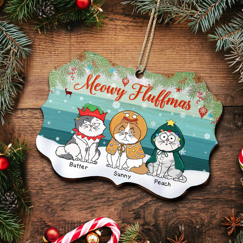 Meowy Fluffmas Funny Cartoon Cats - Christmas Gift For Cat Lovers - Personalized Medallion Wooden Ornament