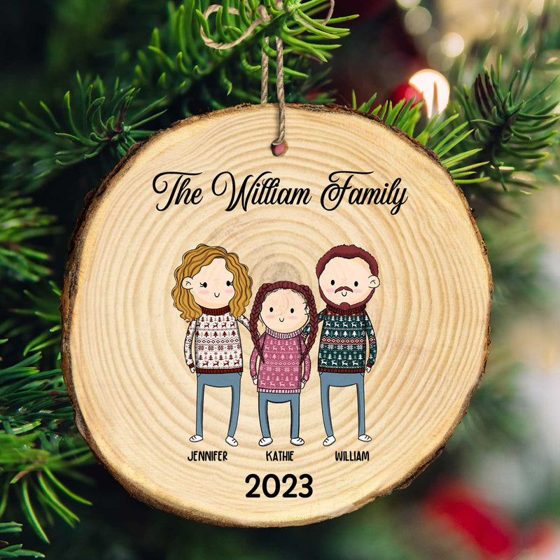 Simple Cartoon Whole Family Dad Mom Kid - Christmas Gift For Family - Personalized Wood Slice Ornament