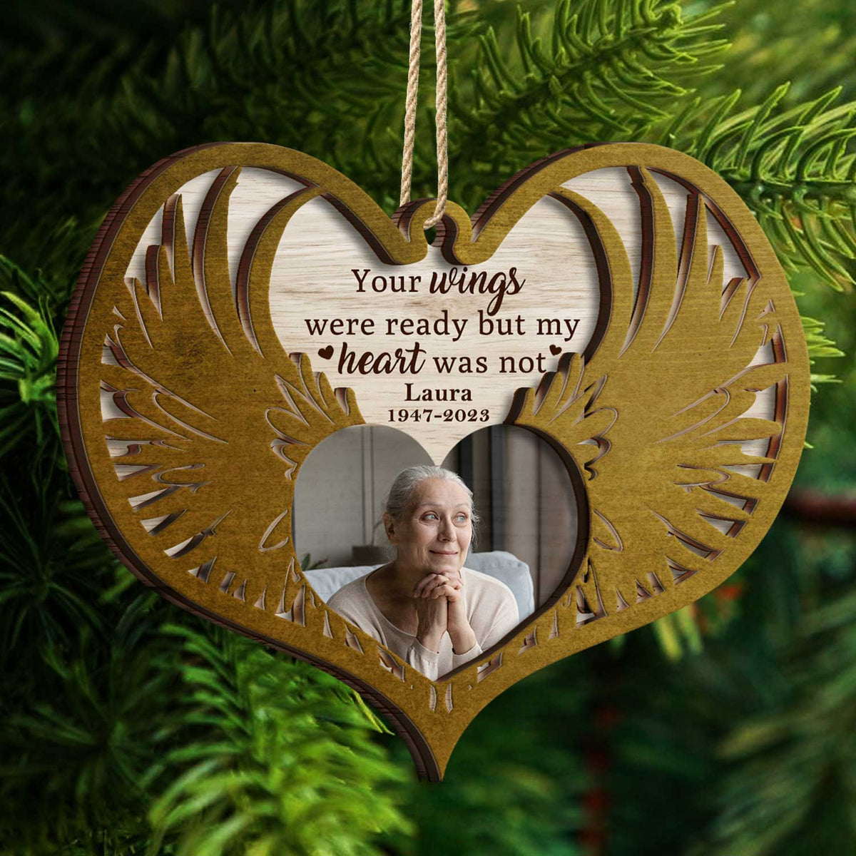 Custom Photo Angel Wings - Christmas Keepsake, Family Memorial Gift - Personalized 2-Layered Wooden Ornament