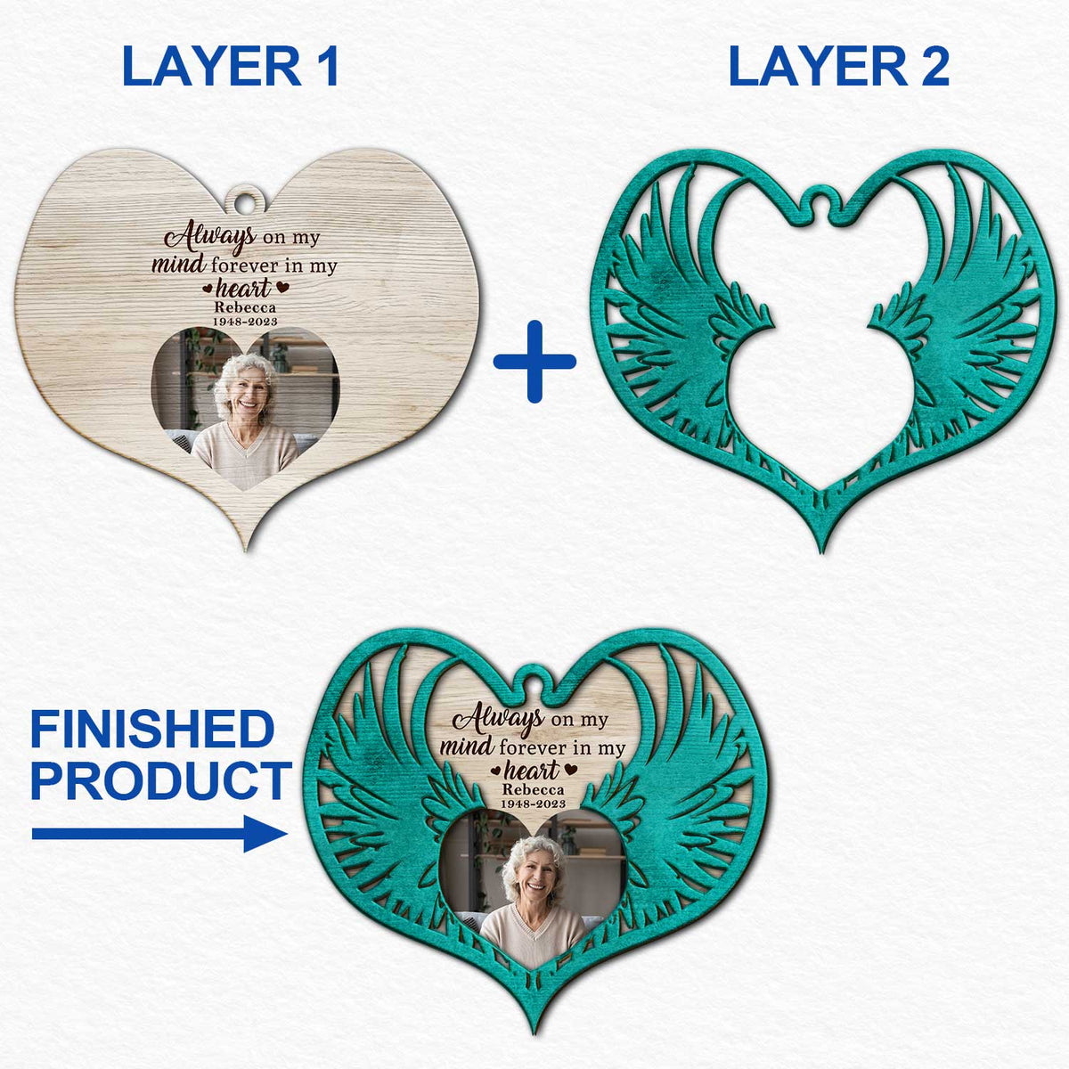 Custom Photo Angel Wings - Christmas Keepsake, Family Memorial Gift - Personalized 2-Layered Wooden Ornament