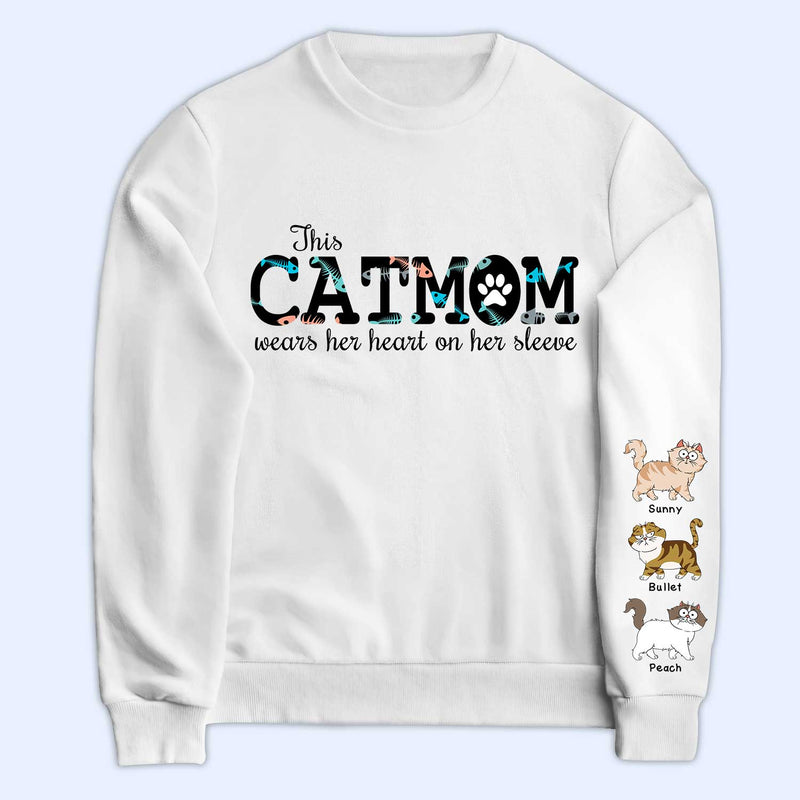 This Cat Mom Wears Her Heart - Gift For Cat Lovers - Personalized Sweatshirt With Sleeve Imprint