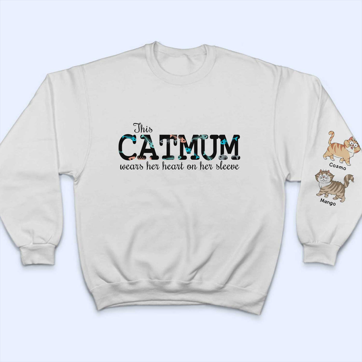 This Cat Mom Wears Her Heart - Gift For Cat Lovers - Personalized Sweatshirt With Sleeve Imprint