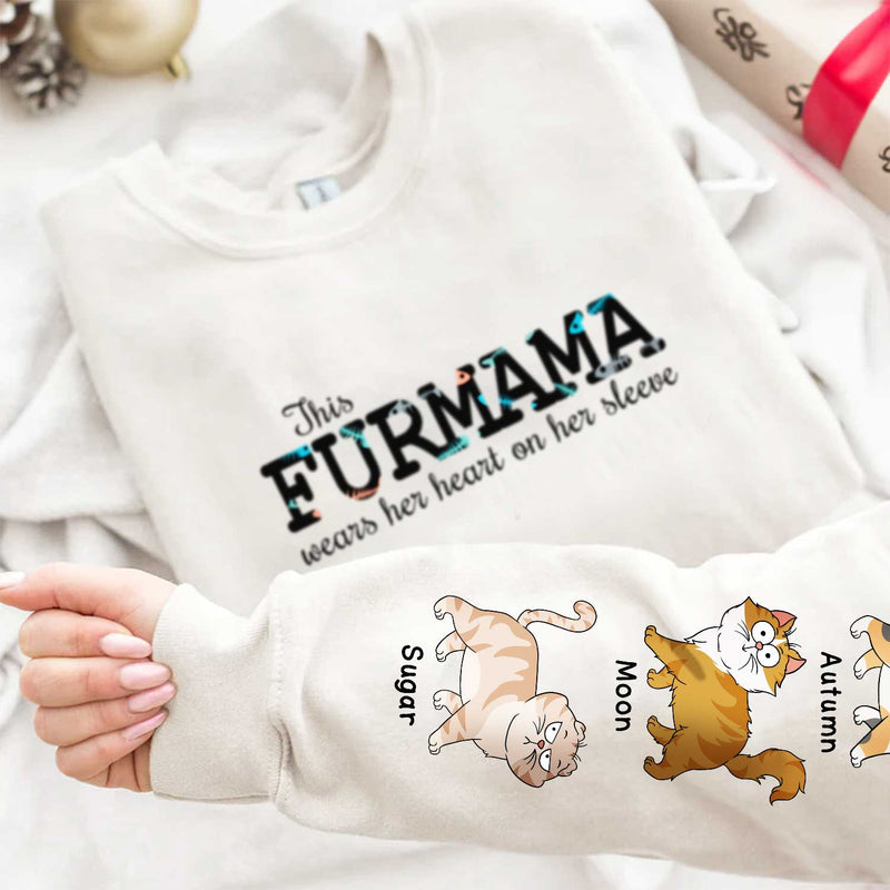 This Cat Mom Wears Her Heart - Gift For Cat Lovers - Personalized Sweatshirt With Sleeve Imprint