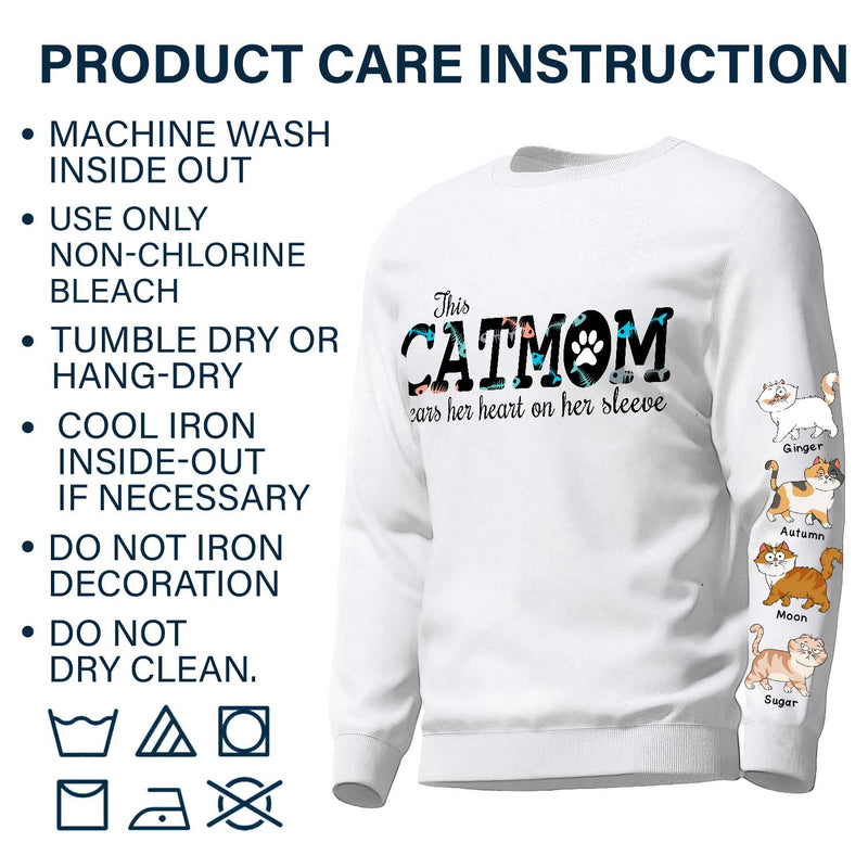 This Cat Mom Wears Her Heart - Gift For Cat Lovers - Personalized Sweatshirt With Sleeve Imprint