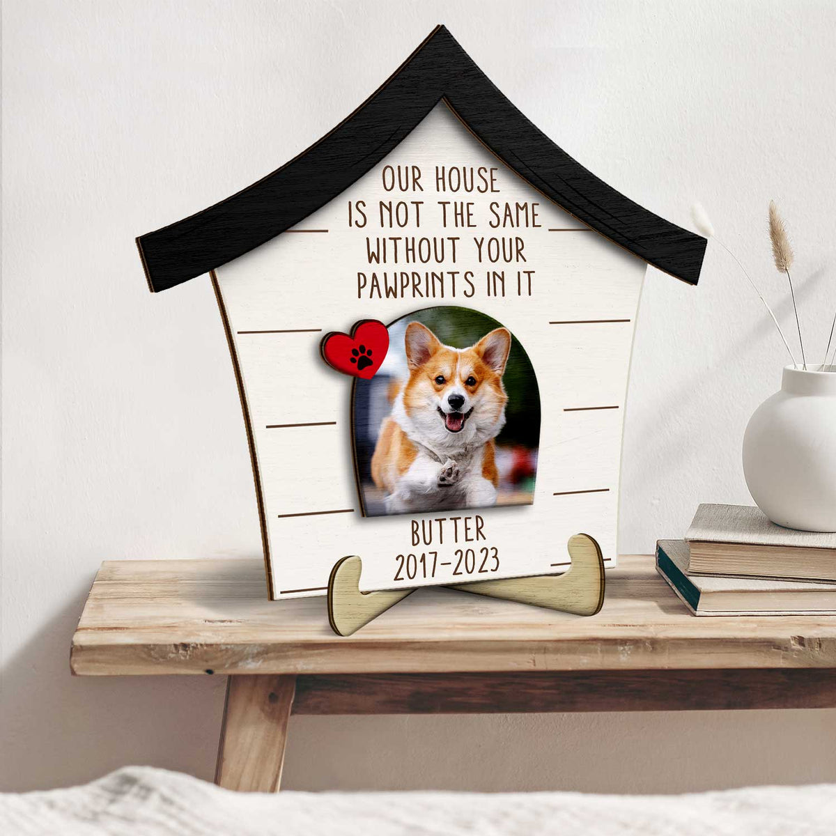 Custom Photo Dog Cat Our House Is Not The Same Without Your Pawprints - Pet Memorial Gift - Personalized 2-Layered Wooden Plaque With Stand