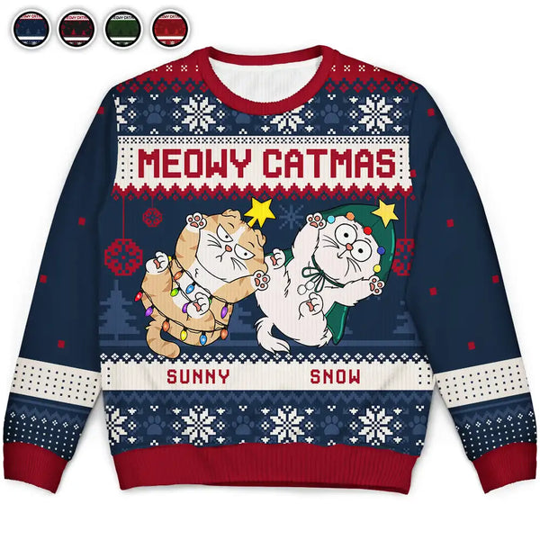 Meowy Catmas Funny Cats Showing Tummy - Personalized Unisex Ugly Sweater