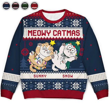 Meowy Catmas Funny Cats Showing Tummy - Personalized Unisex Ugly Sweater