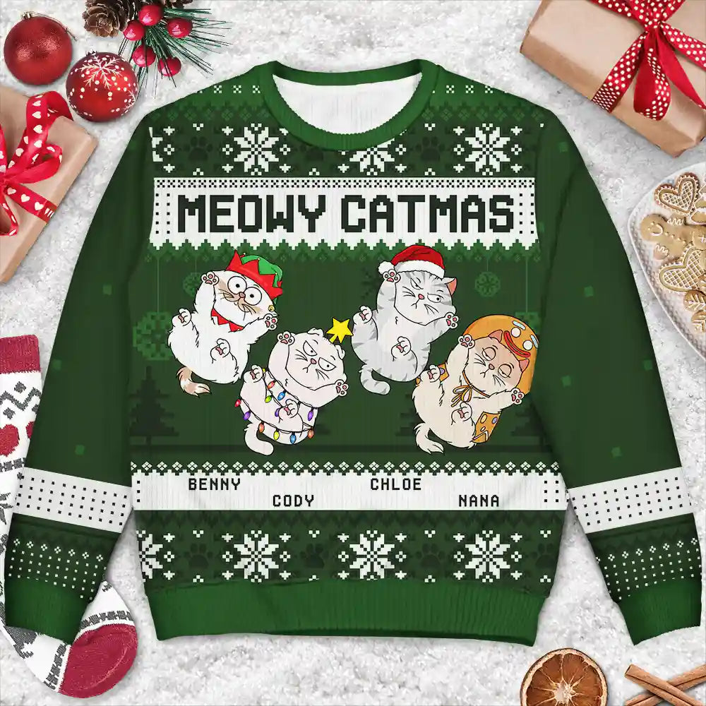 Meowy Catmas Funny Cats Showing Tummy - Personalized Unisex Ugly Sweater