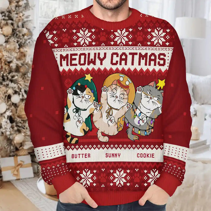 Meowy Catmas Funny Cats Showing Tummy - Personalized Unisex Ugly Sweater