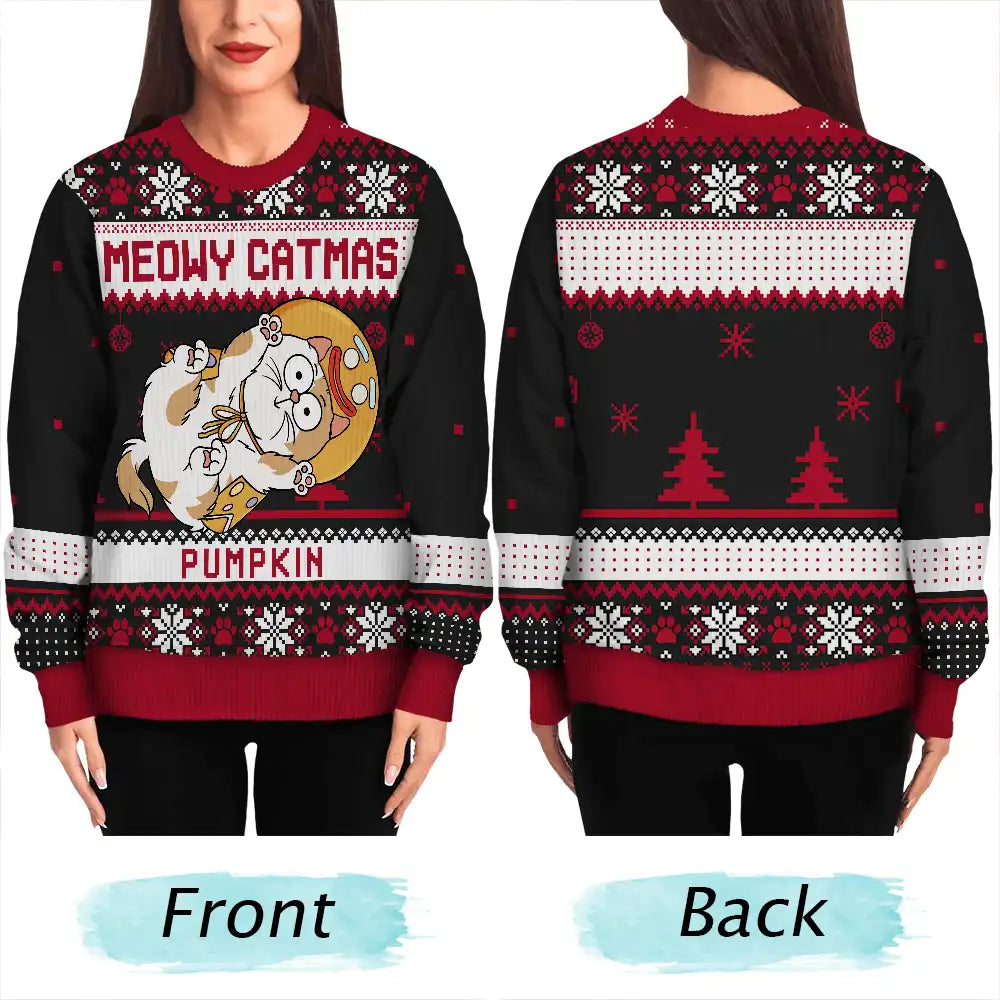 Meowy Catmas Funny Cats Showing Tummy - Personalized Unisex Ugly Sweater