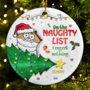 Funny Cartoon Cat On The Naughty List - 3D Inflated Effect Printed Ornament, Personalized Circle Ceramic Ornament