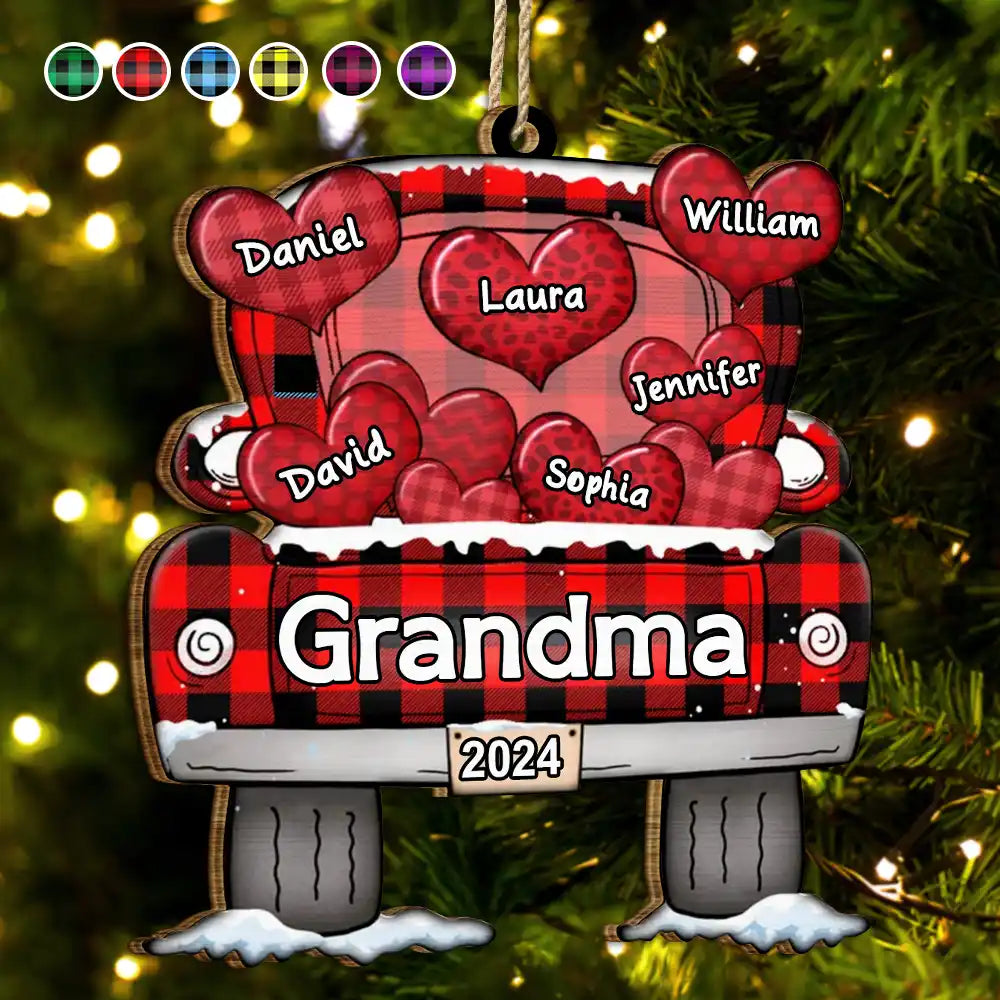 Mom Dad Grandma Grandpa Truck Loading Hearts - Personalized Wooden Cutout Ornament