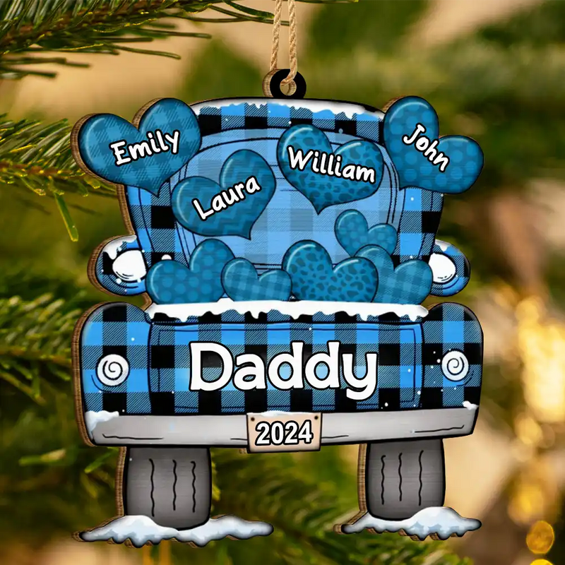 Mom Dad Grandma Grandpa Truck Loading Hearts - Personalized Wooden Cutout Ornament