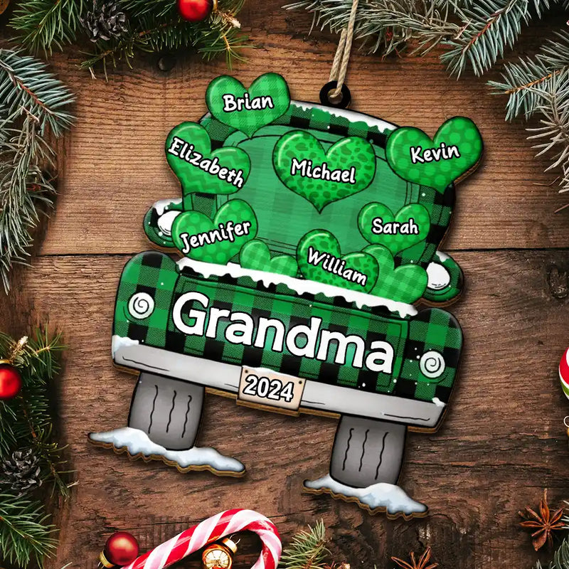 Mom Dad Grandma Grandpa Truck Loading Hearts - Personalized Wooden Cutout Ornament