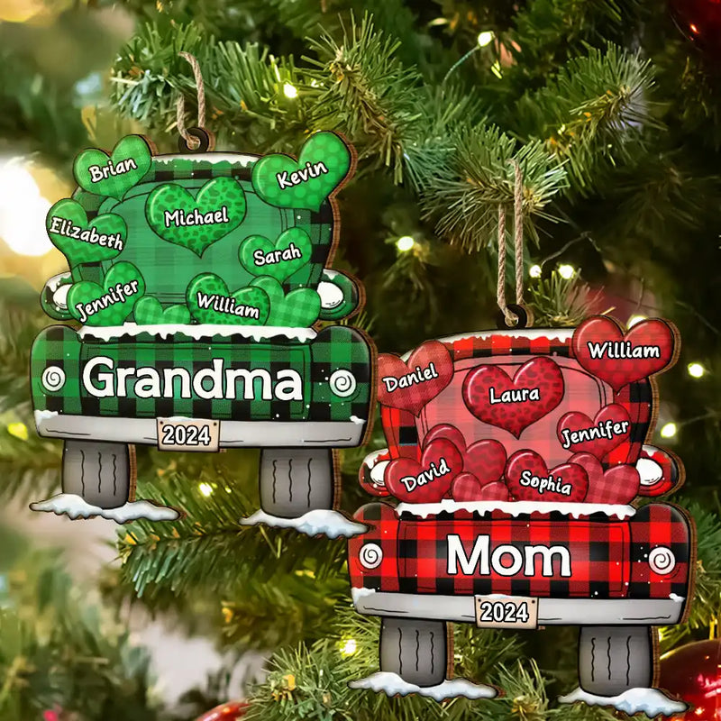 Mom Dad Grandma Grandpa Truck Loading Hearts - Personalized Wooden Cutout Ornament
