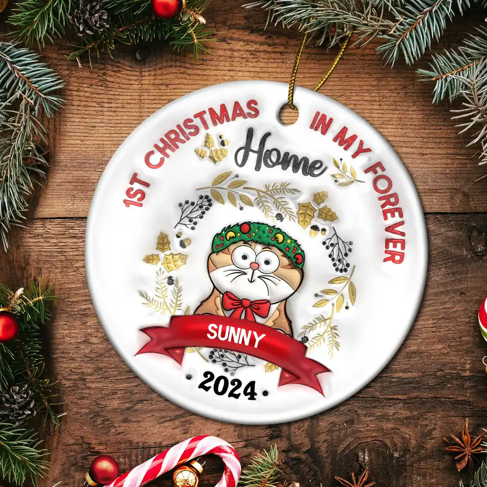 Cat's First Christmas - 3D Inflated Effect Printed Ornament, Personalized Circle Ceramic Ornament