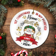 Cat's First Christmas - 3D Inflated Effect Printed Ornament, Personalized Circle Ceramic Ornament