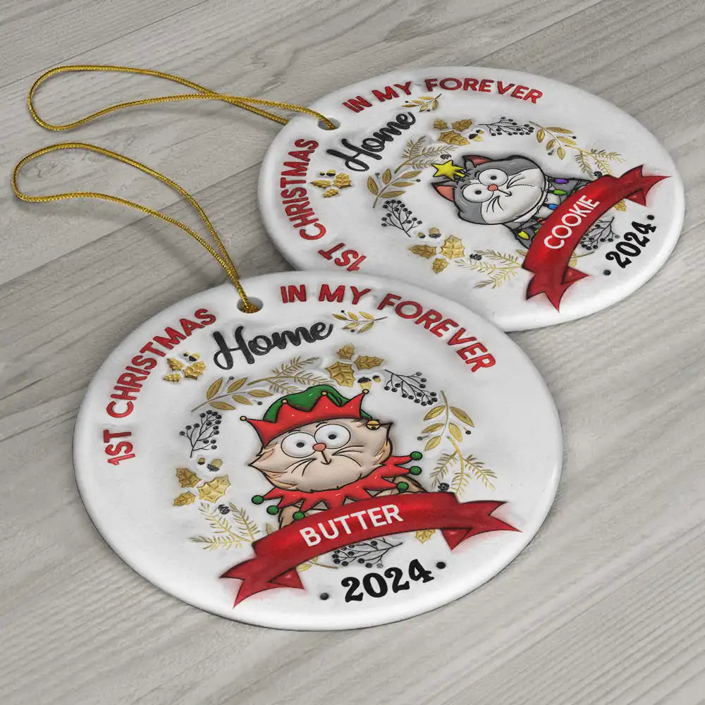 Cat's First Christmas - 3D Inflated Effect Printed Ornament, Personalized Circle Ceramic Ornament
