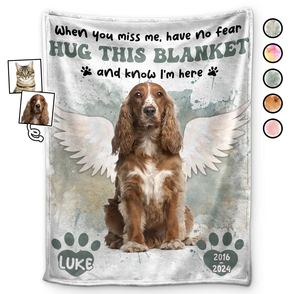 Custom Photo Dog Cat Memorial When You Miss Me Hug This Blanket - Personalized Fleece Blanket, Sherpa Blanket