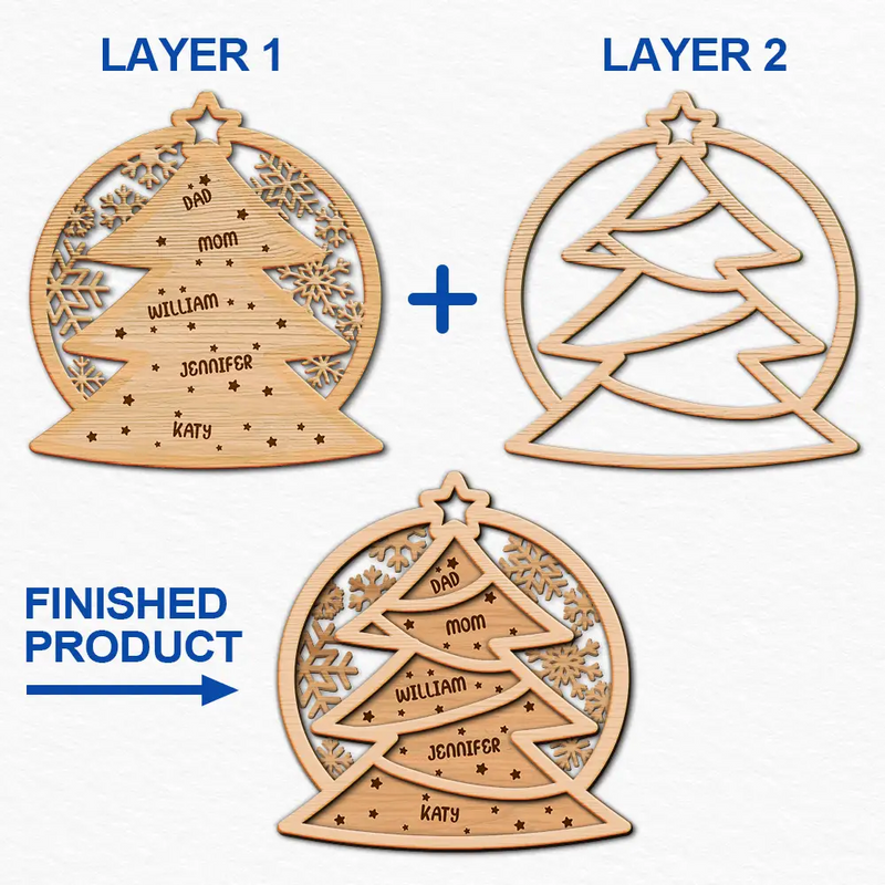 Family Names Christmas Tree - Personalized 2-Layered Wooden Ornament