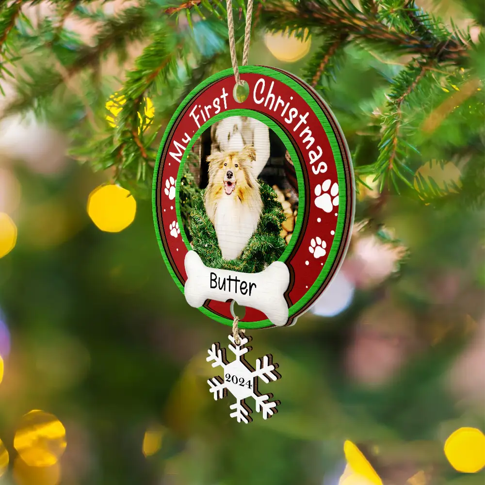 Custom Photo Dog Cat Pet's First Christmas - Personalized Mix Ornament With Wooden Tag