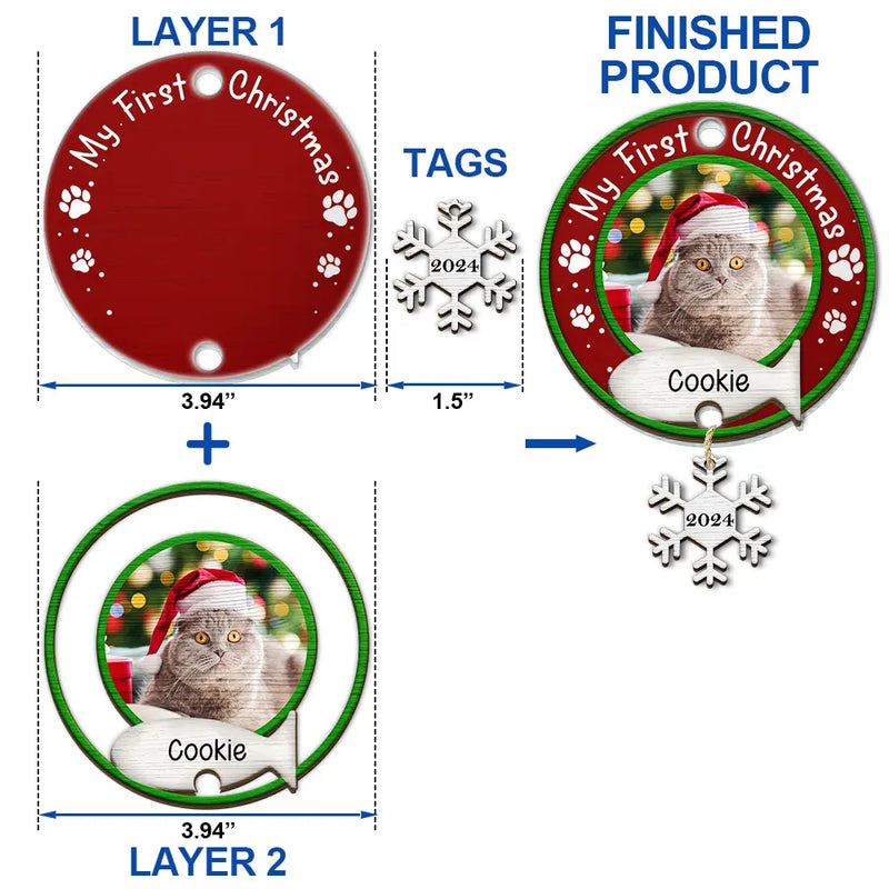 Custom Photo Dog Cat Pet's First Christmas - Personalized Mix Ornament With Wooden Tag