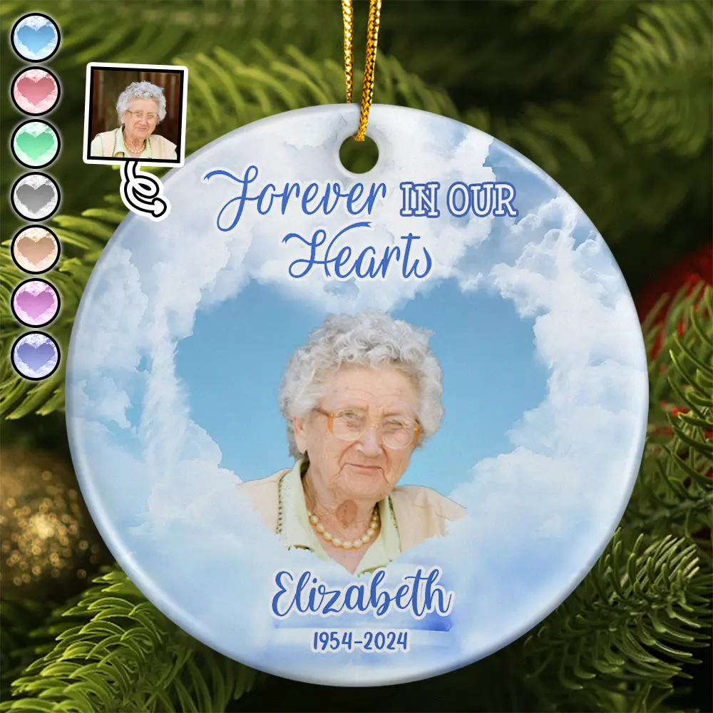 Custom Photo Forever In Our Hearts Memorial - Personalized Circle Ceramic Ornament