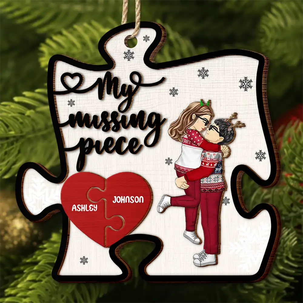 Christmas Couple Hugging Kissing My Missing Piece - Personalized 2-Layered Wooden Ornament