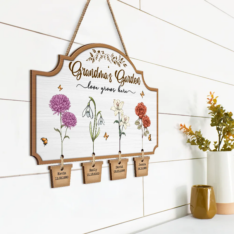 Gift For Grandma, Gift For Mother, Gift For Women - Grandma's Garden Birth Flowers - Personalized Custom Shaped Wood Sign With Wooden Tags