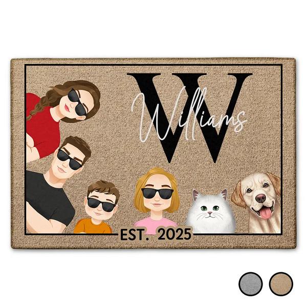 Family,Pet Lovers,Cat Lovers,Dog Lovers,Happy - Monogram Flat Art Family - Personalized Doormat