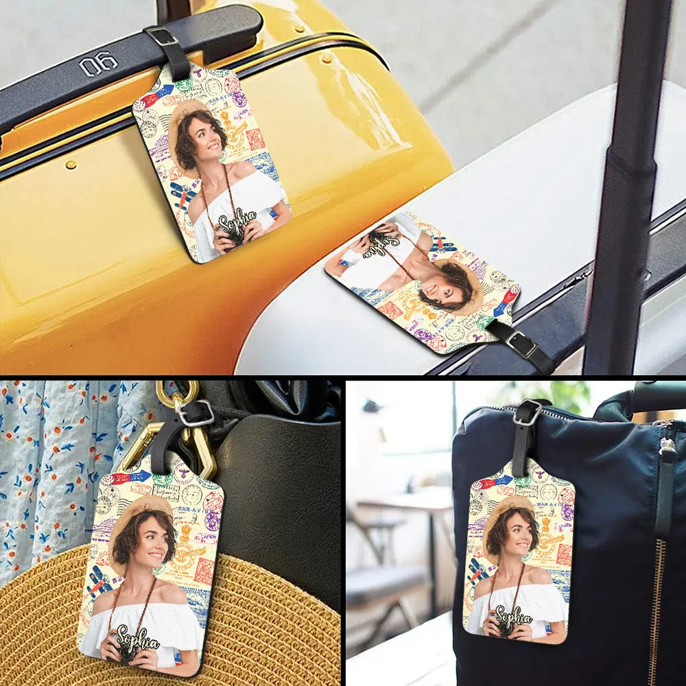 Travel,Custom Photo,Gift For Yourself,Gift For Women,Gift For Men,Happy - Custom Photo Travel Stamp Pattern - Personalized Luggage Tag