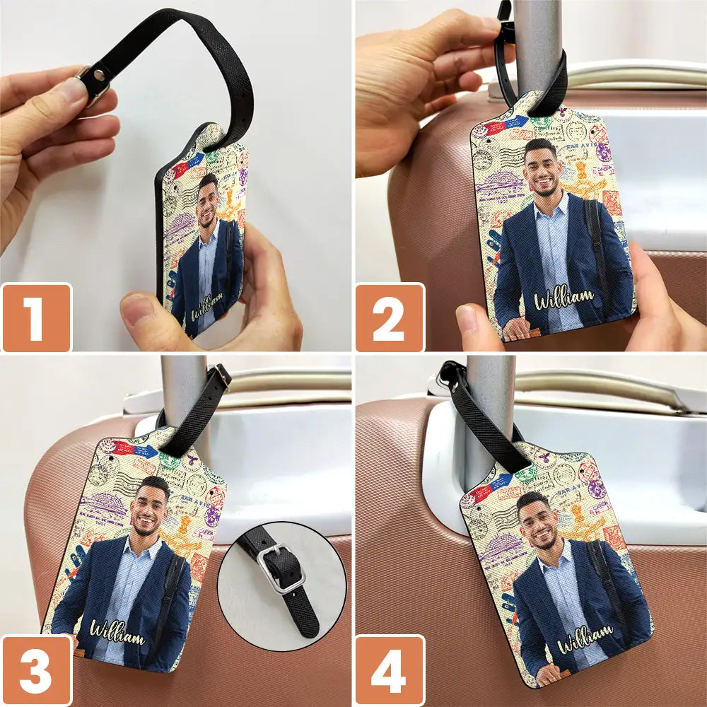 Travel,Custom Photo,Gift For Yourself,Gift For Women,Gift For Men,Happy - Custom Photo Travel Stamp Pattern - Personalized Luggage Tag