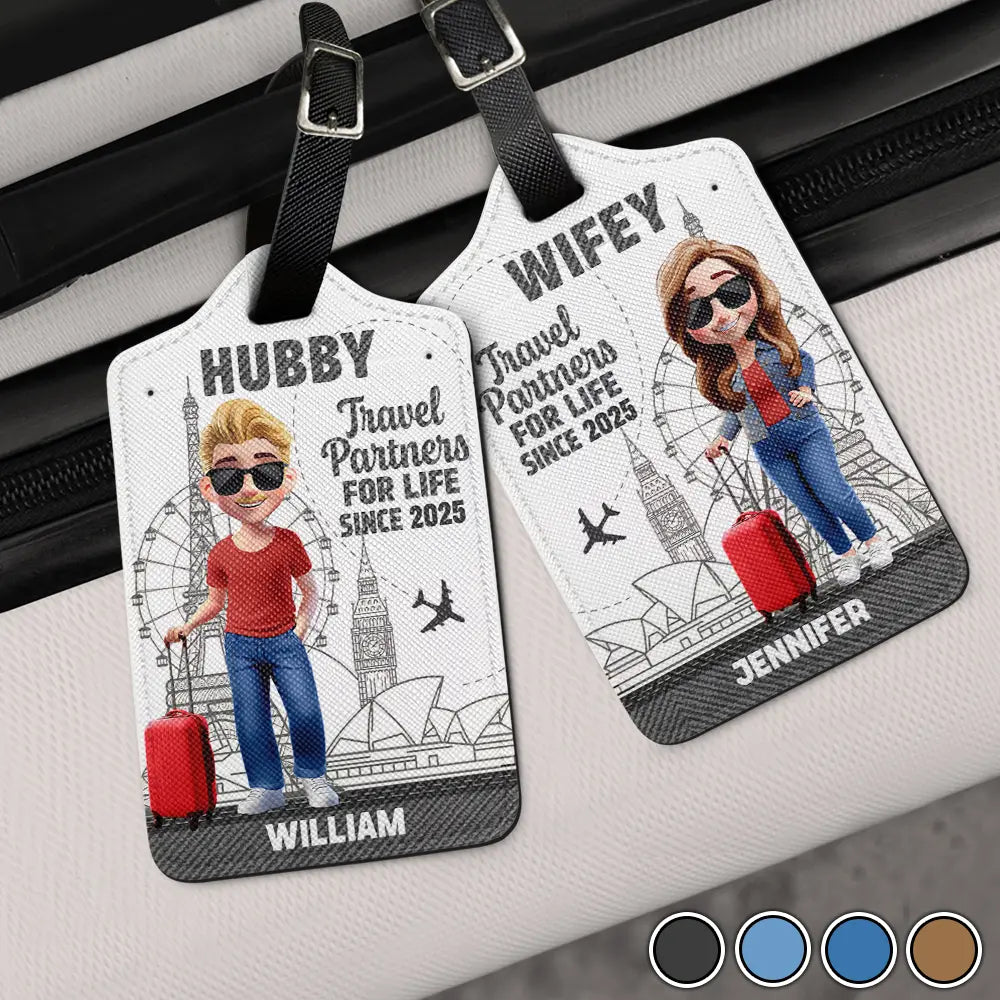 3D Effect Traveling Couple Hubby & Wifey Travel Partners For Life - Personalized Combo 2 Luggage Tags
