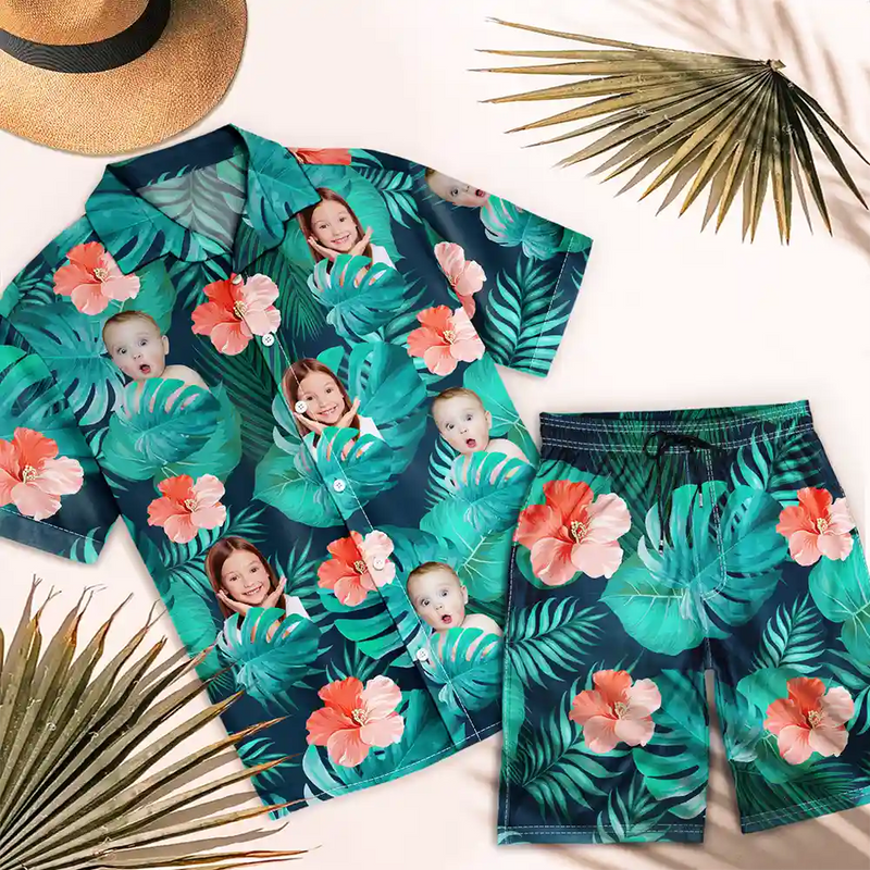 Gift For Husband,Gift For Boyfriend,Gift For Yourself,Parents,Gift For Men,Gift For Father,Gift For Grandpa,Pet Lovers,Pet Dad,Dog Lovers,Dog Dad,Cat Lovers,Cat Dad,Non-Eng,Photo,Playful - Custom Photo Tropical Leaves Pattern With Family Pet Face - Personalized Hawaii Set Shirt And Shorts