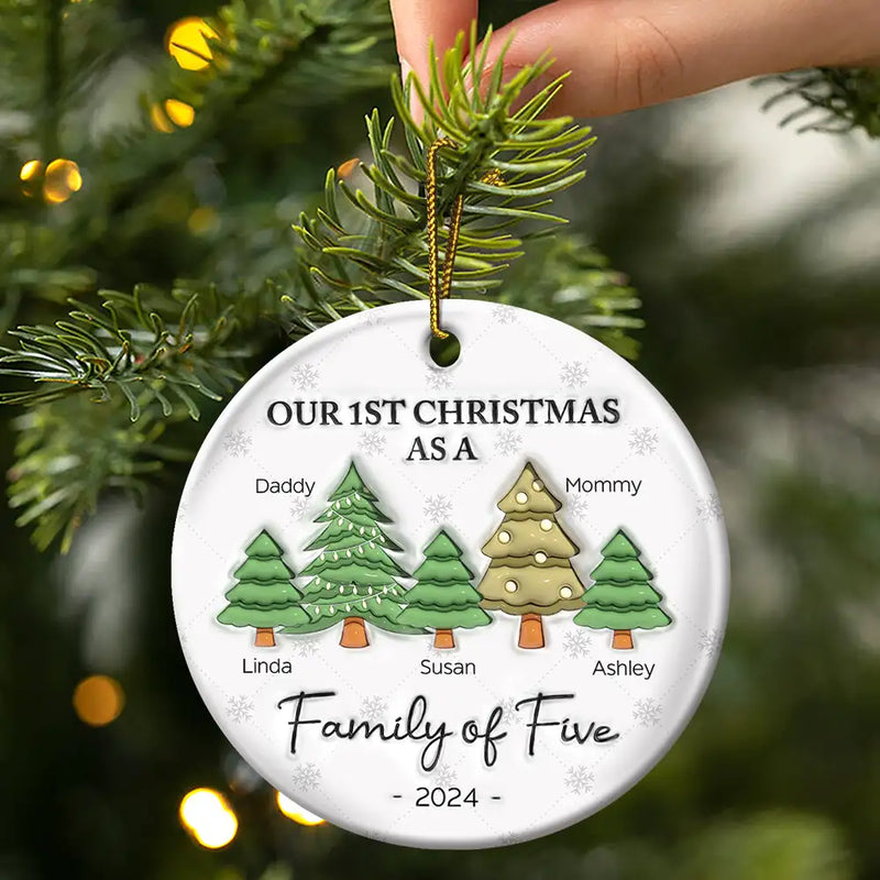 First Christmas As A Family Of Three - 3D Inflated Effect Printed Ornament, Personalized Circle Ceramic Ornament